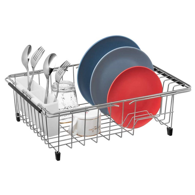 SANNO Large Expandable Dish Drying Rack Sink Dish Rack in Sink or On Counter, Dish Drainer Rustproof Stainless Steel with White Utensil Silverware Storage Holders - Image 5